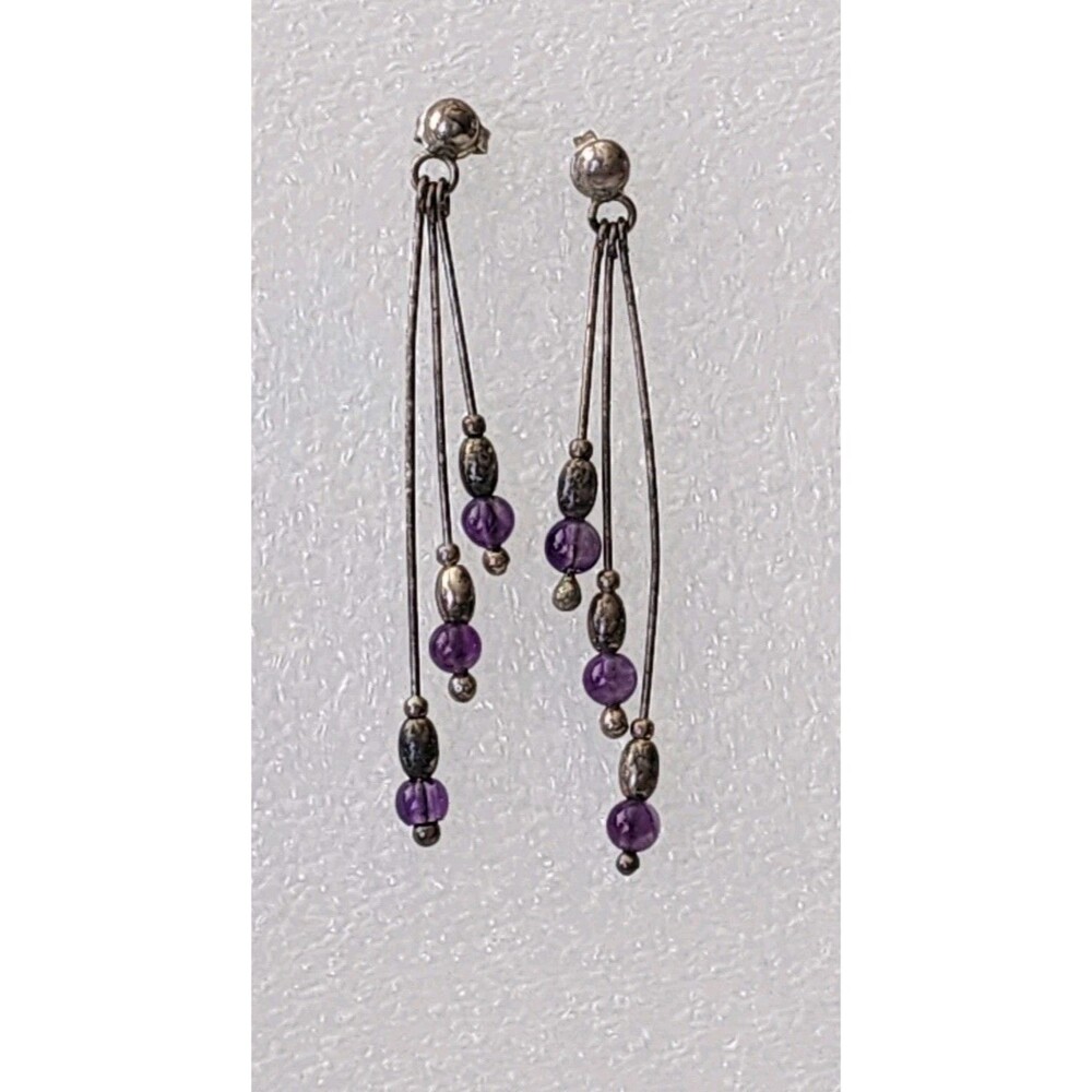 Vintage Amethyst Beads Sterling Silver Waterfall Dangle Earrings 2.25"